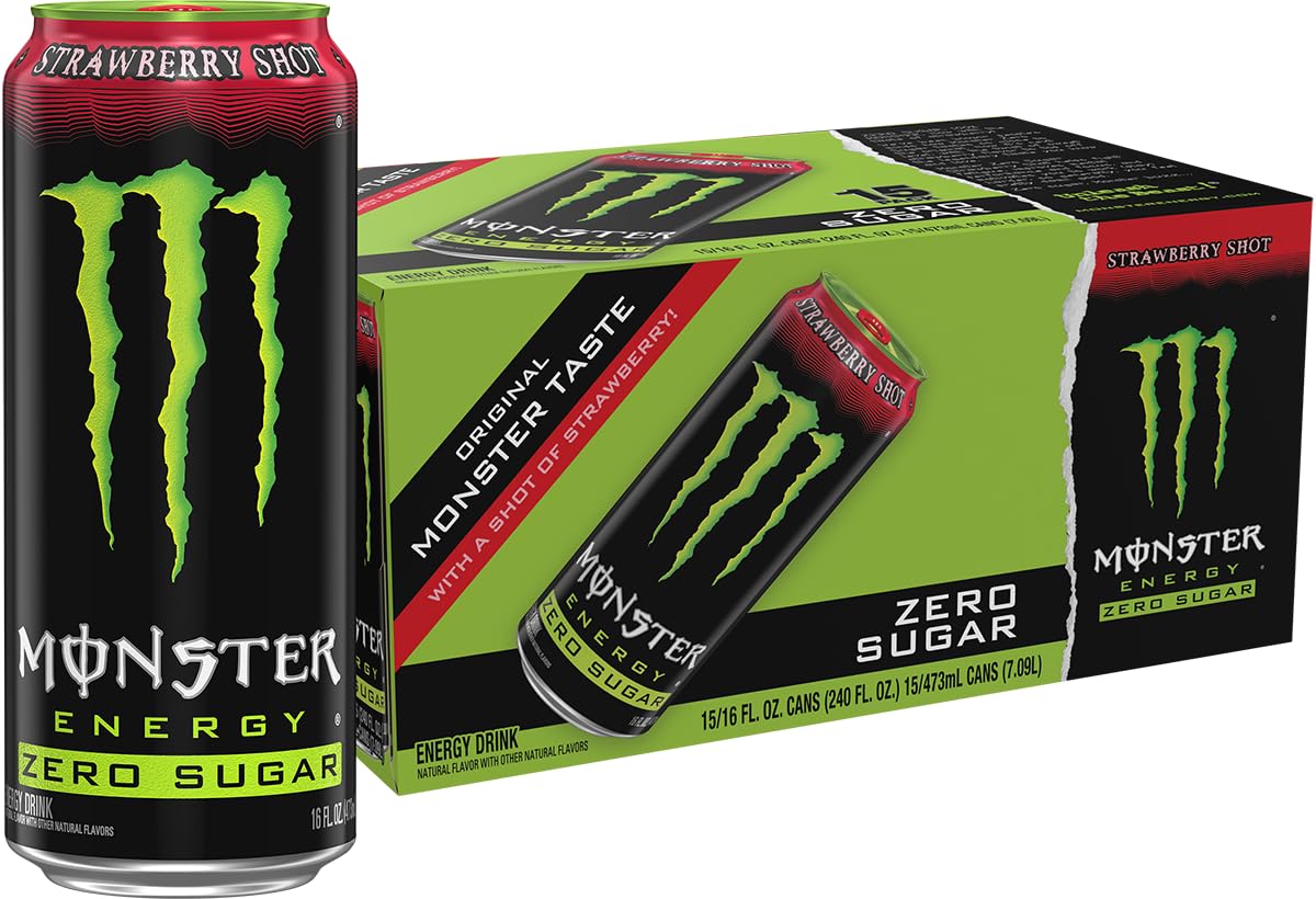 Monster Energy Zero Sugar Strawberry Shot, Green, Original, Sugar Free Energy Drink, 16 Ounce (Pack of 15)