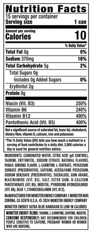 Monster Energy Ultra Blue Hawaiian, Sugar Free Energy Drink, 16 Ounce | Pack of 15