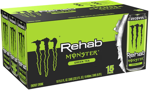 Monster Energy Rehab Green Tea + Energy, Energy Drink 15.5 Ounce | Energy Iced Tea, Pack of 15