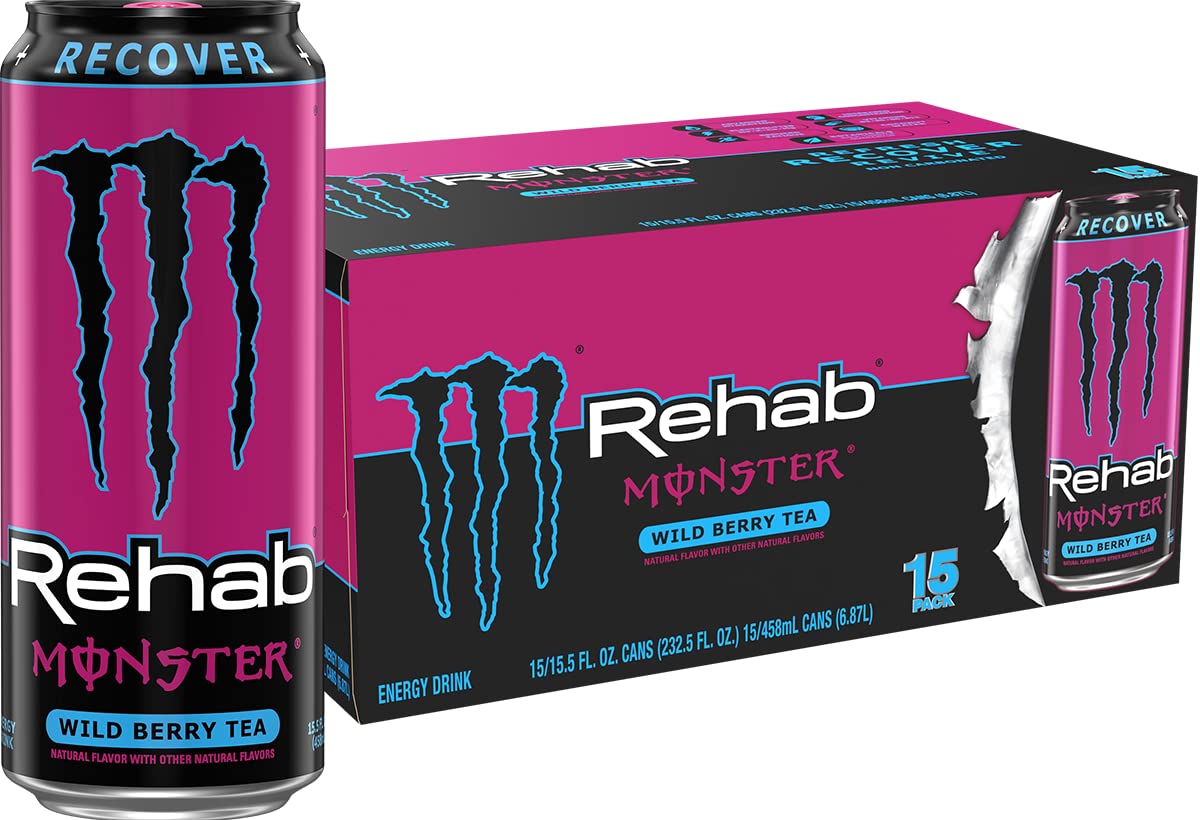 Monster Rehab Wild Berry Tea + Energy, Energy Drink, 15.5 Ounce | Energy Iced Tea, Pack of 15